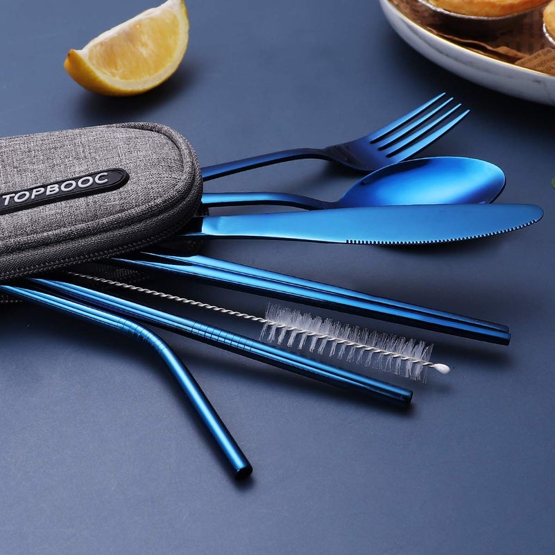 Topbooc Portable Stainless Steel Flatware Set, Travel Camping Cutlery Set, Portable Utensil Travel Silverware Dinnerware Set with a Waterproof Case (Blue) - Image 2